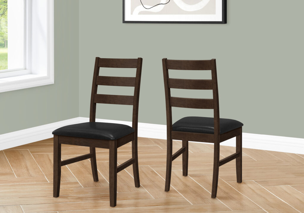 Dining Chair, Set Of 2, 37″ Height, Kitchen, Dining Room, Side, Upholstered, Brown Leather Look, Brown Solid Wood, Transitional