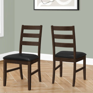 Dining Chair, Set Of 2, 37" Height, Kitchen, Dining Room, Side, Upholstered, Brown Leather Look, Brown Solid Wood, Transitional