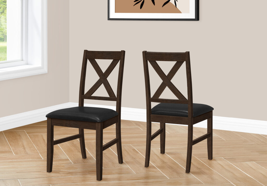 Dining Chair, 37″ Height, Set Of 2, Dining Room, Kitchen, Side, Upholstered, Brown Solid Wood, Brown Leather Look, Transitional