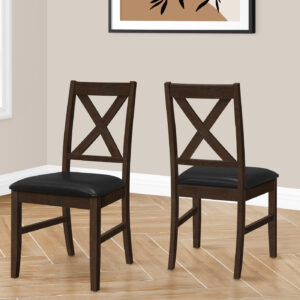 Dining Chair, 37" Height, Set Of 2, Dining Room, Kitchen, Side, Upholstered, Brown Solid Wood, Brown Leather Look, Transitional