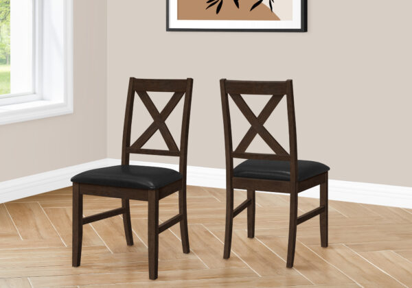 Dining Chair, 37″ Height, Set Of 2, Dining Room, Kitchen, Side, Upholstered, Brown Solid Wood, Brown Leather Look, Transitional