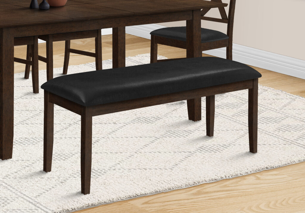 Bench, 48″ Rectangular, Dining Room, Hallway, Entryway, Upholstered, Wood, Brown Solid Wood, Black Leather-look, Transitional