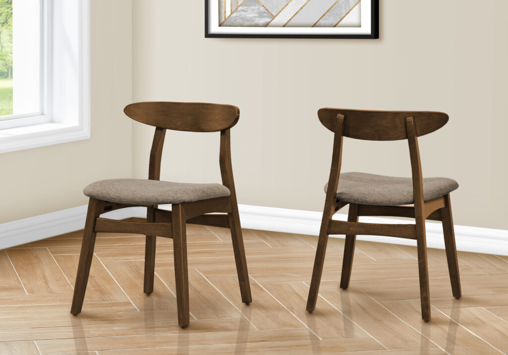 Dining Chair, 30″ Height, Set Of 2, Side, Upholstered, Kitchen, Dining Room, Dark Walnut, Beige Fabric, Mid Century, Modern