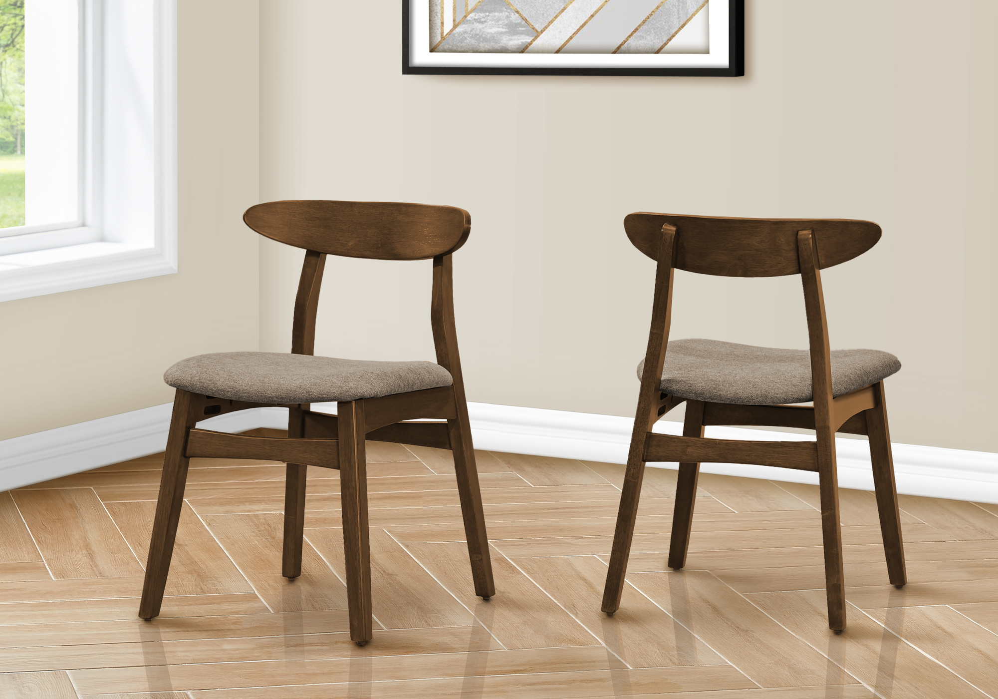Dining Chair, 30″ Height, Set Of 2, Side, Upholstered, Kitchen, Dining Room, Dark Walnut, Beige Fabric, Mid Century, Modern