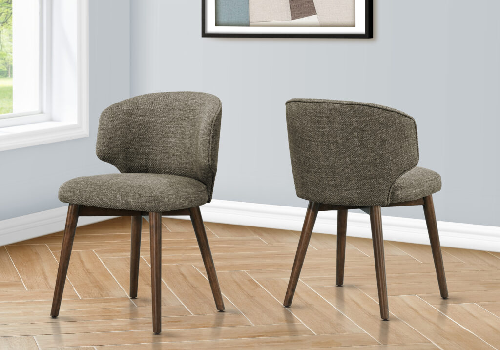 Dining Chair, 32″ Height, Set Of 2, Side, Upholstered, Dining Room, Kitchen, Dark Walnut, Brown Fabric, Mid Century, Modern