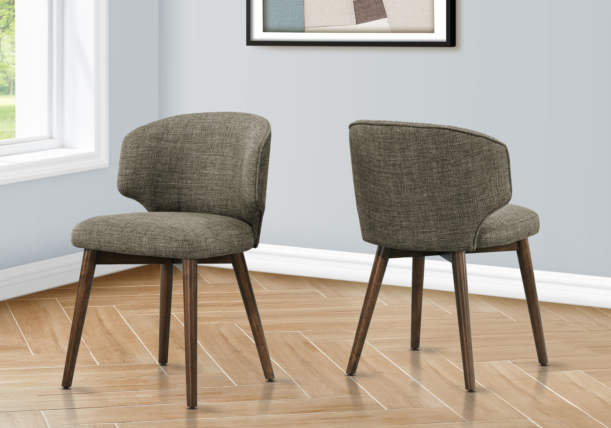 Dining Chair, 32″ Height, Set Of 2, Side, Upholstered, Dining Room, Kitchen, Dark Walnut, Brown Fabric, Mid Century, Modern