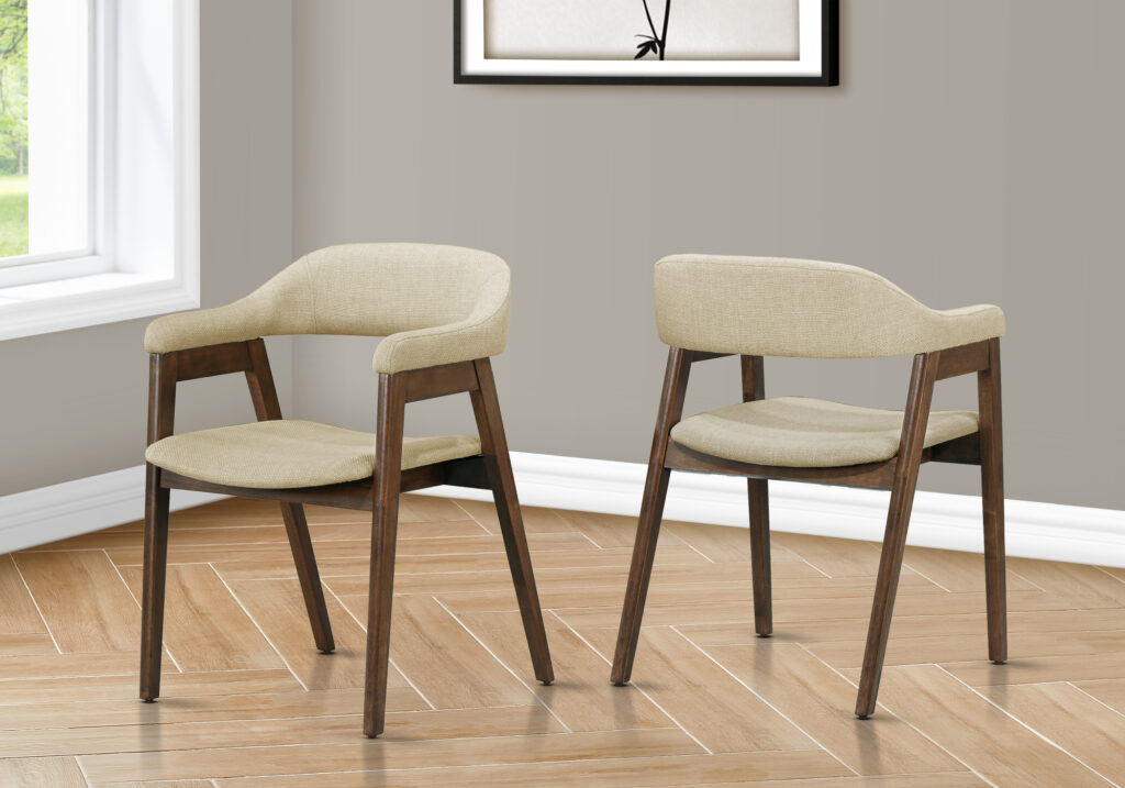 Dining Chair, 32″ Height, Set Of 2, Side, Upholstered, Dining Room, Kitchen, Dark Walnut, Sand Fabric, Mid Century, Modern