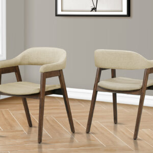 Dining Chair, 32" Height, Set Of 2, Side, Upholstered, Dining Room, Kitchen, Dark Walnut, Sand Fabric, Mid Century, Modern