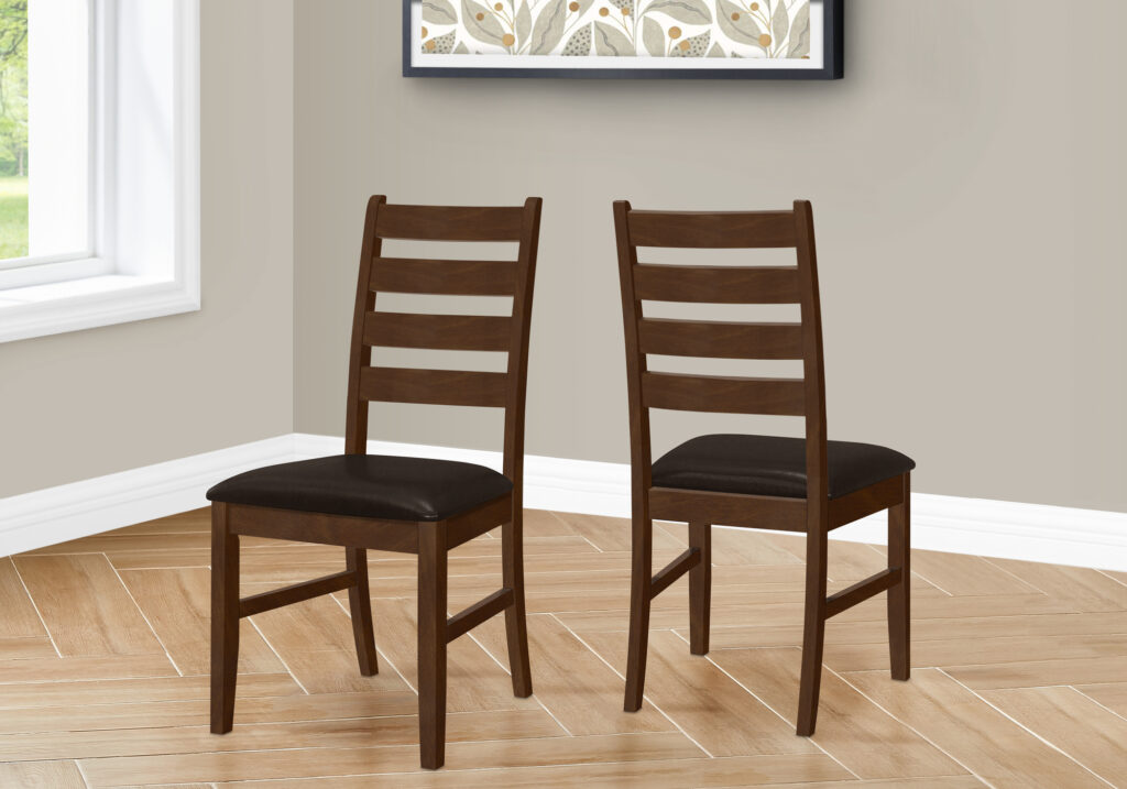 Dining Chair, 37″ Height, Set Of 2, Dining Room, Kitchen, Side, Upholstered, Brown Solid Wood, Brown Leather Look, Transitional
