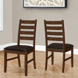 Dining Chair, 37" Height, Set Of 2, Dining Room, Kitchen, Side, Upholstered, Brown Solid Wood, Brown Leather Look, Transitional