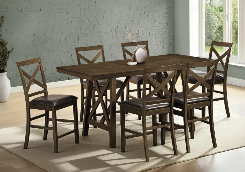 Dark walnut veneer counter height dining table