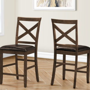 Dining Chair, 44" Height, Set Of 2, Side, Upholstered, Counter Height, Dining Room, Kitchen, Dark Walnut, Brown Leather Look, Transitional