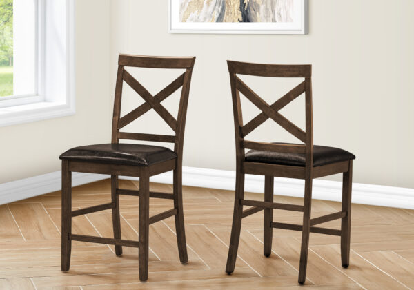 Dining Chair, 44″ Height, Set Of 2, Side, Upholstered, Counter Height, Dining Room, Kitchen, Dark Walnut, Brown Leather Look, Transitional