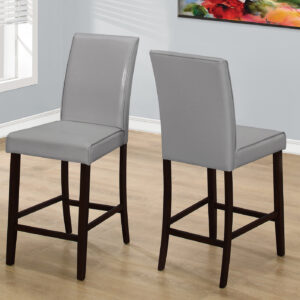 Dining Chair, Set Of 2, Counter Height, Upholstered, Kitchen, Dining Room, Grey Leather Look, Brown Wood Legs, Transitional