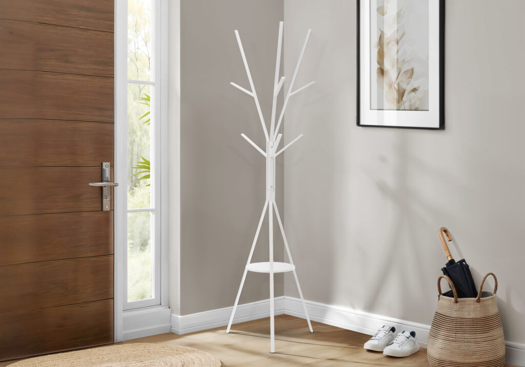 Coat Rack, 72″H, Bedroom, Entryway, Hall Tree, 6 Hooks, White Metal, Contemporary, Modern