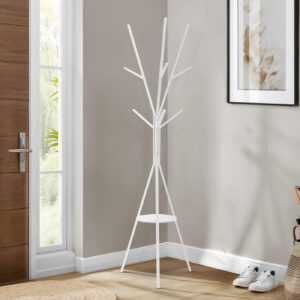 Coat Rack, 72"H, Bedroom, Entryway, Hall Tree, 6 Hooks, White Metal, Contemporary, Modern