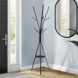Coat Rack, 72"H, Bedroom, Entryway, Hall Tree, 6 Hooks, Black Metal, Contemporary, Modern