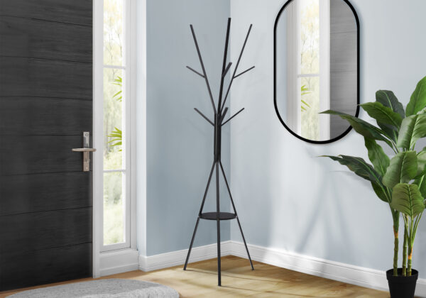 Coat Rack, 72″H, Bedroom, Entryway, Hall Tree, 6 Hooks, Black Metal, Contemporary, Modern