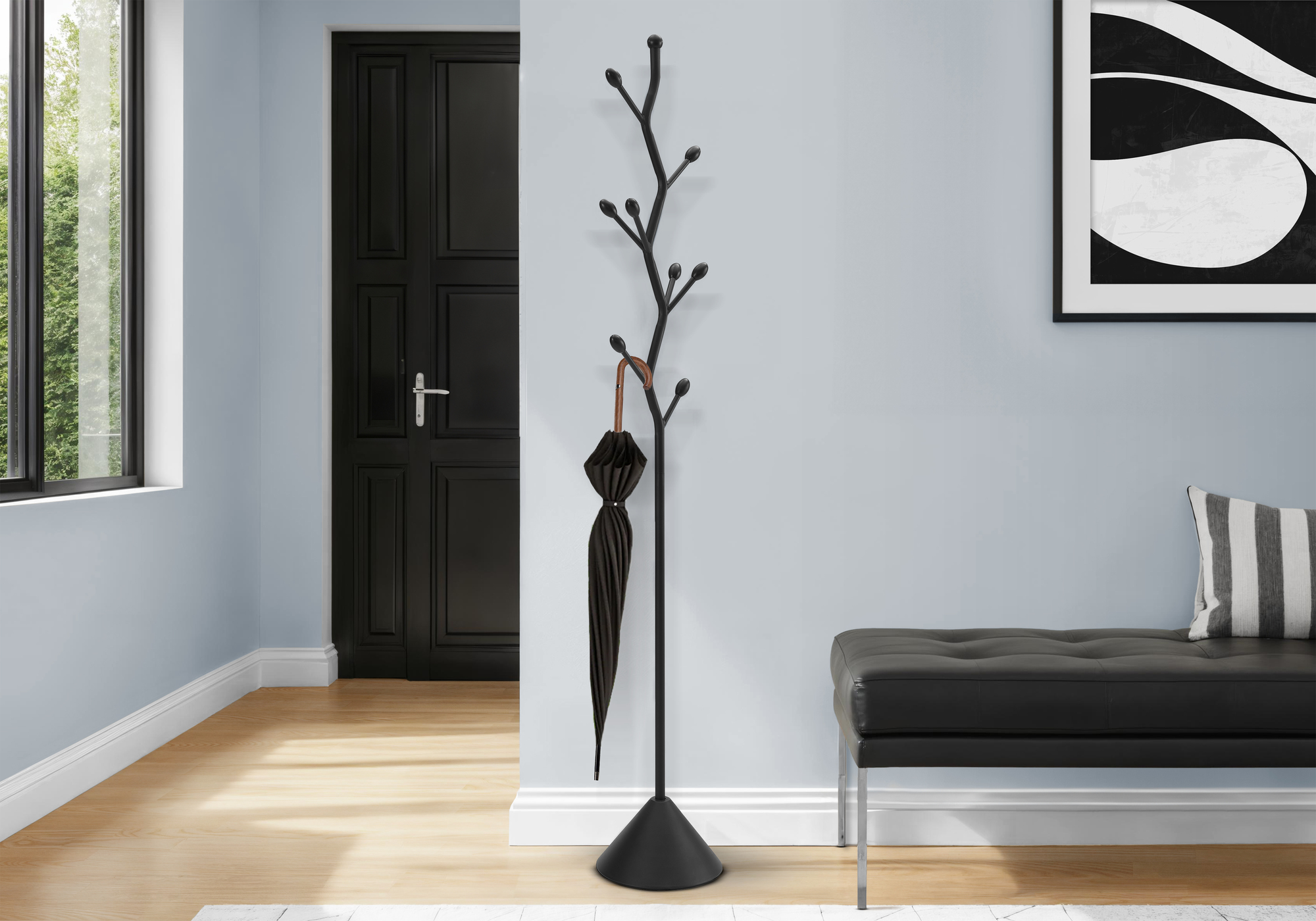 Coat Rack, Hall Tree, 8 Hooks, Entryway, 72″H, Bedroom, Black Metal, Contemporary
