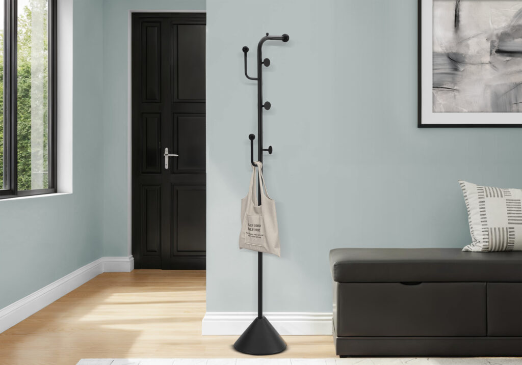 Coat Rack, 66″H, Hall Tree, 6 Hooks, Entryway, Bedroom, Black Metal, Contemporary