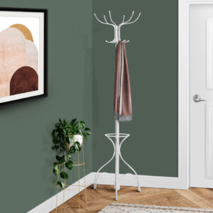 Coat Rack, Hall Tree, 12 Hooks, Entryway, 70"H, Bedroom, White Metal, Contemporary, Modern