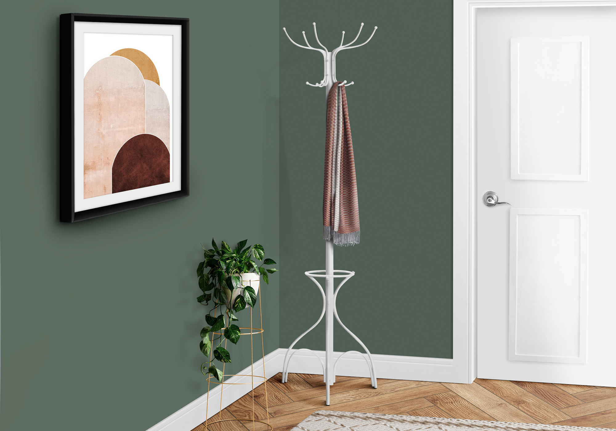 Coat Rack, Hall Tree, 12 Hooks, Entryway, 70″H, Bedroom, White Metal, Contemporary, Modern