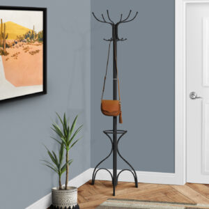 Coat Rack, Hall Tree, 12 Hooks, Entryway, 70"H, Bedroom, Black Metal, Transitional