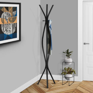 Coat Rack, Hall Tree, 3 Hooks, Entryway, 72"H, Bedroom, Black Metal, Contemporary, Modern