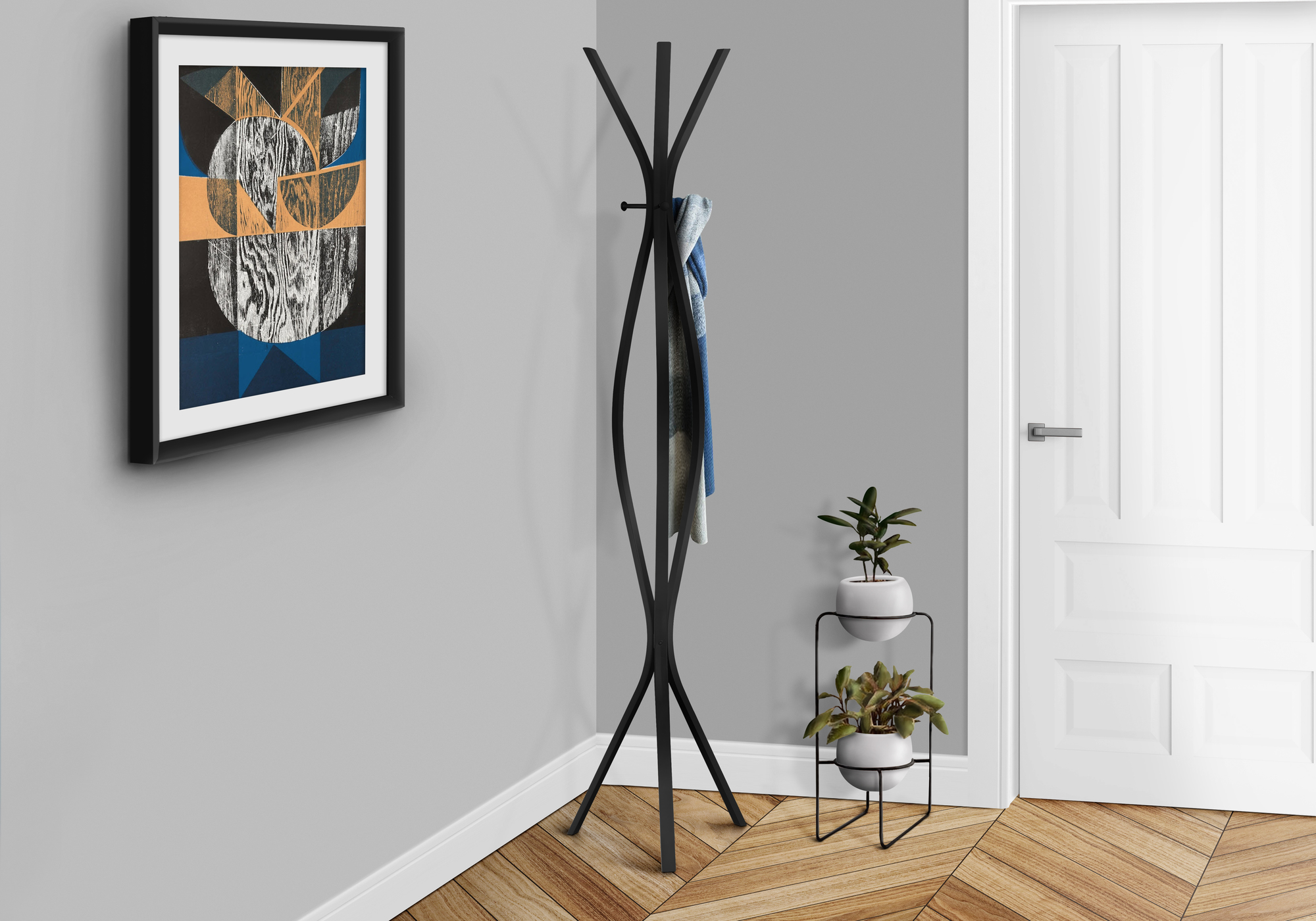 Coat Rack, Hall Tree, 3 Hooks, Entryway, 72″H, Bedroom, Black Metal, Contemporary, Modern
