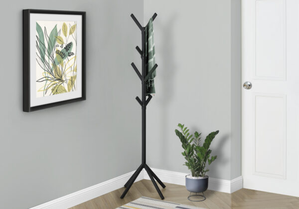 Coat Rack, Hall Tree, 8 Hooks, Entryway, 70″H, Bedroom, Black Metal, Contemporary, Modern