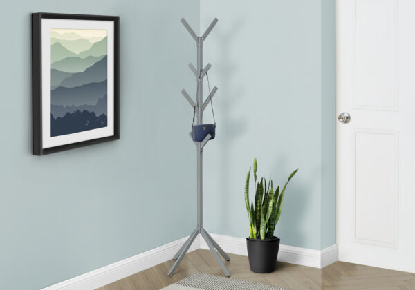 Coat Rack, Hall Tree, 8 Hooks, Entryway, 70″H, Bedroom, Grey Metal, Contemporary, Modern