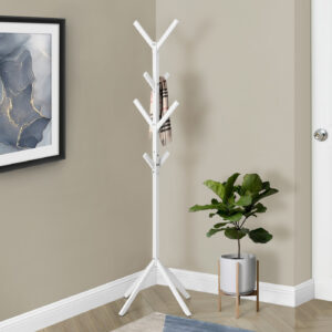 Coat Rack, Hall Tree, 8 Hooks, Entryway, 70"H, Bedroom, White Metal, Contemporary, Modern