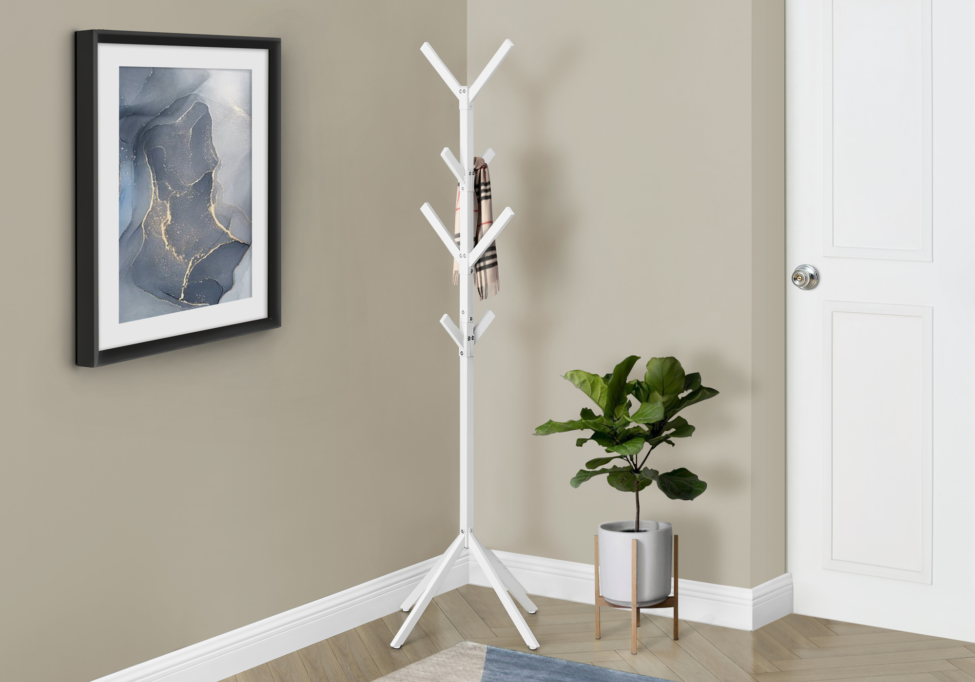 Coat Rack, Hall Tree, 8 Hooks, Entryway, 70″H, Bedroom, White Metal, Contemporary, Modern