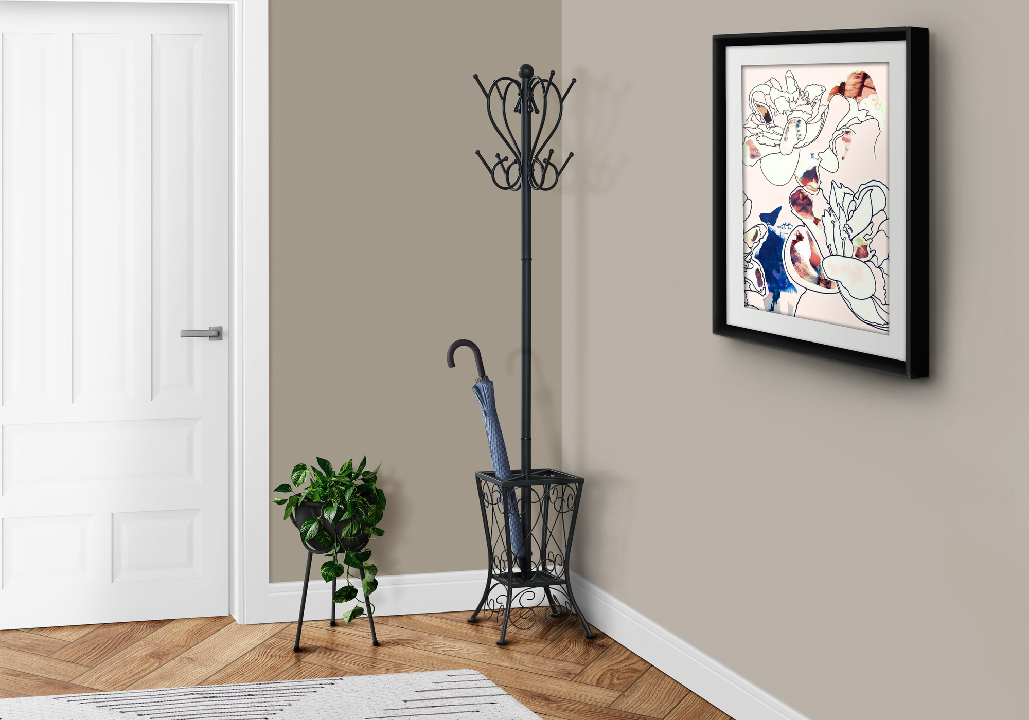 Coat Rack, Hall Tree, 8 Hooks, Entryway, 71″H, Bedroom, Black Metal, Transitional