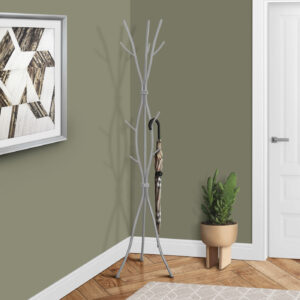 Coat Rack, Hall Tree, 11 Hooks, Entryway, 74"H, Bedroom, Grey Metal, Contemporary, Modern