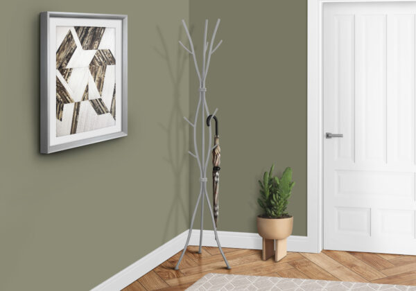 Coat Rack, Hall Tree, 11 Hooks, Entryway, 74″H, Bedroom, Grey Metal, Contemporary, Modern