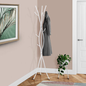 Coat Rack, Hall Tree, 11 Hooks, Entryway, 74"H, Bedroom, White Metal, Contemporary, Modern
