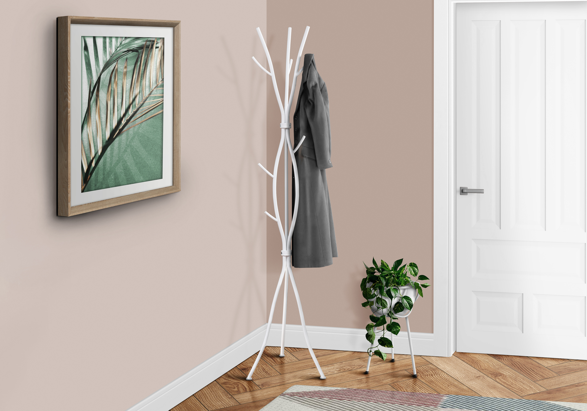 Coat Rack, Hall Tree, 11 Hooks, Entryway, 74″H, Bedroom, White Metal, Contemporary, Modern