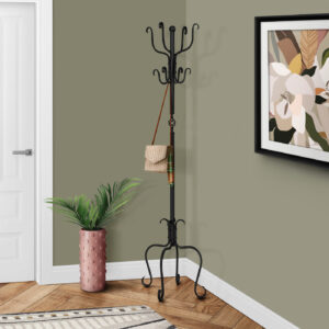 Coat Rack, Hall Tree, 8 Hooks, Entryway, 74"H, Bedroom, Black Metal, Transitional