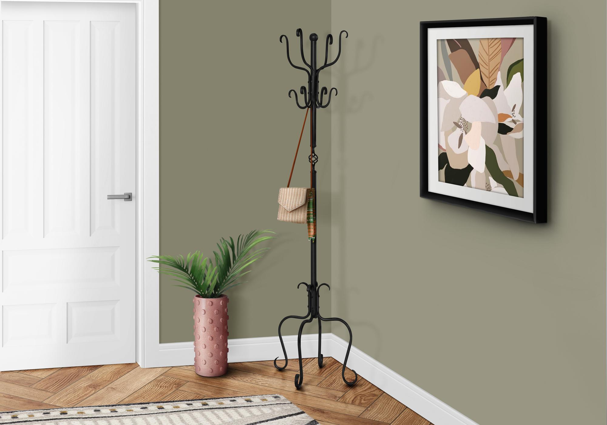 Coat Rack, Hall Tree, 8 Hooks, Entryway, 74″H, Bedroom, Black Metal, Transitional