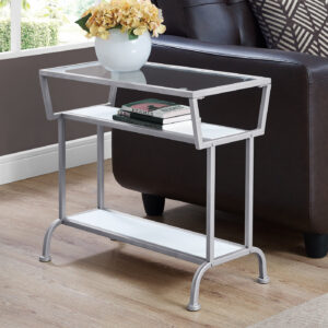 Accent Table, Side, End, Narrow, Small, 2 Tier, Living Room, Bedroom, White Laminate, Grey Metal, Contemporary, Modern