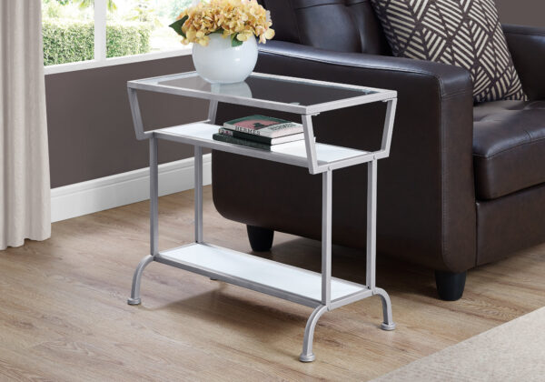Accent Table, Side, End, Narrow, Small, 2 Tier, Living Room, Bedroom, White Laminate, Grey Metal, Contemporary, Modern