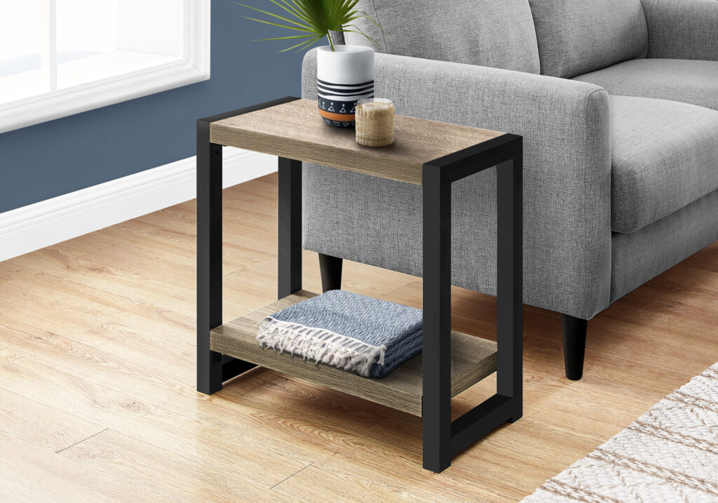 Accent Table, Side, End, Narrow, Small, 2 Tier, Living Room, Bedroom, Brown Laminate, Black Metal, Contemporary, Modern