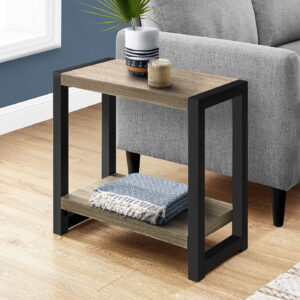 Accent Table, Side, End, Narrow, Small, 2 Tier, Living Room, Bedroom, Brown Laminate, Black Metal, Contemporary, Modern
