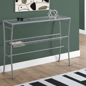 Accent Table, Console, Entryway, Narrow, Sofa, Living Room, Bedroom, Clear Tempered Glass, Silver Metal, Contemporary, Modern