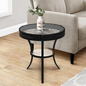 Accent Table, Side, End, Nightstand, Lamp, Round, Living Room, Bedroom, Clear Tempered Glass, Black Metal, Transitional