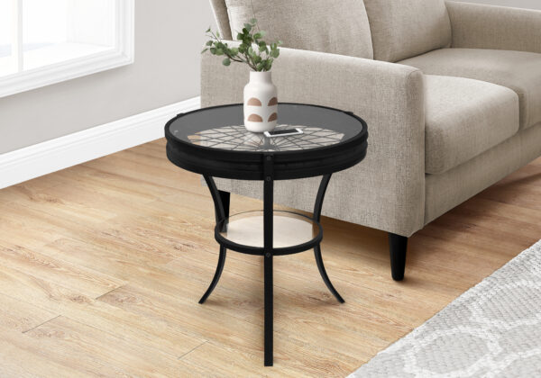 Accent Table, Side, End, Nightstand, Lamp, Round, Living Room, Bedroom, Clear Tempered Glass, Black Metal, Transitional