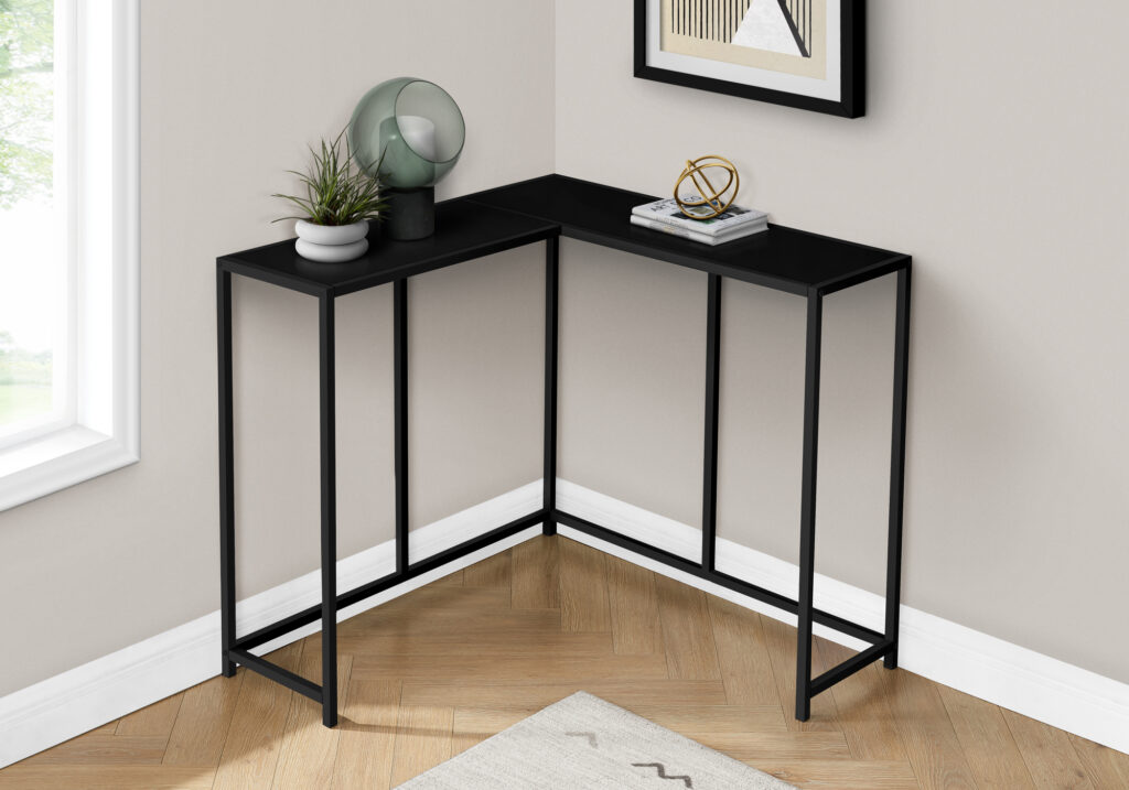Accent Table, Console, Entryway, Narrow, Corner, Living Room, Bedroom, Black Laminate, Black Metal, Contemporary, Modern