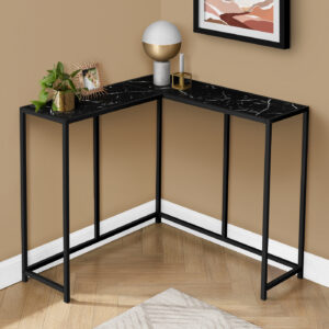 Accent Table, Console, Entryway, Narrow, Corner, Living Room, Bedroom, Black Marble Look Laminate, Black Metal, Contemporary, Modern
