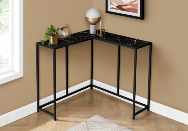Accent Table, Console, Entryway, Narrow, Corner, Living Room, Bedroom, Black Marble Look Laminate, Black Metal, Contemporary, Modern